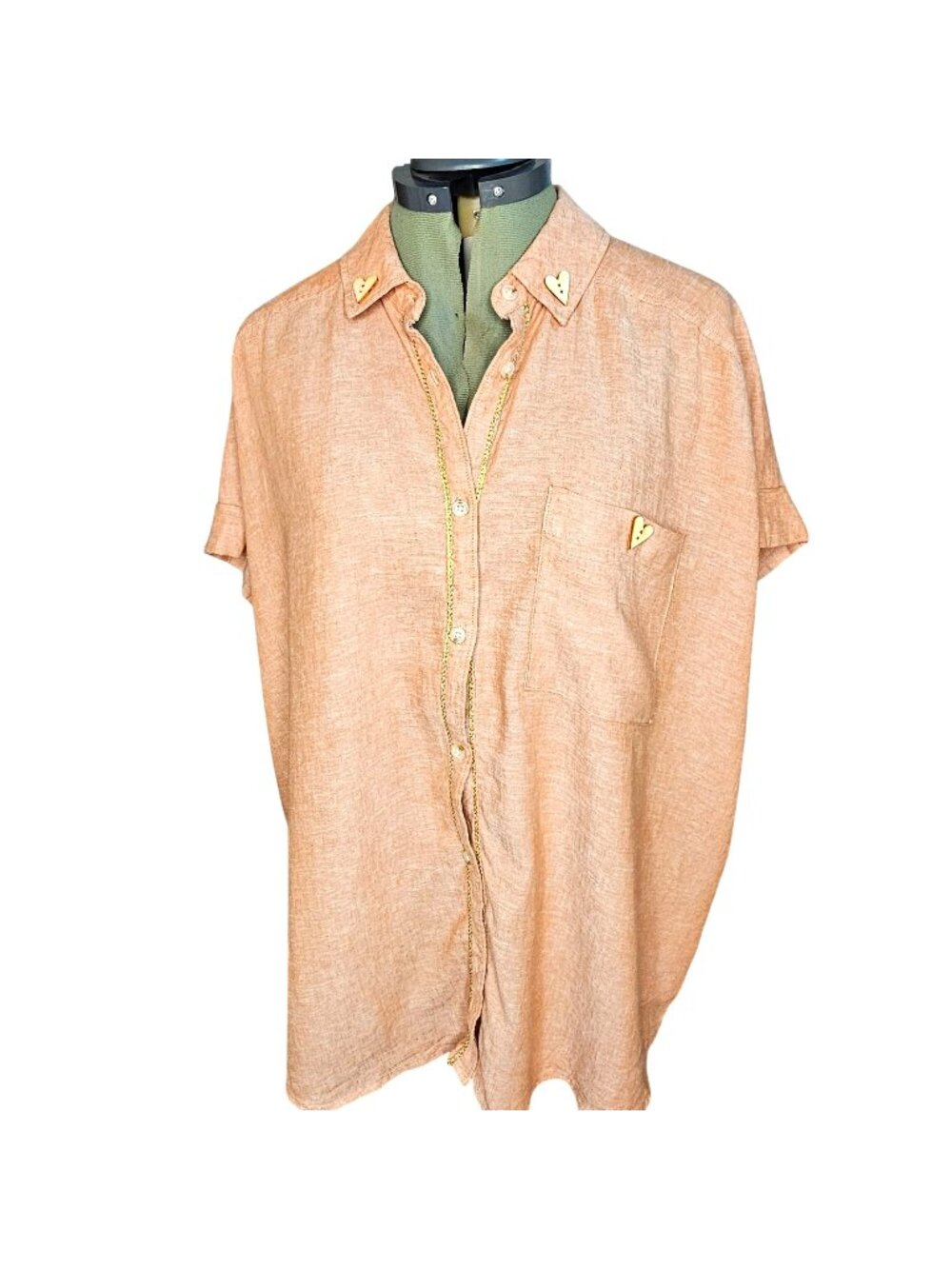 Woman's linen/rayon cottageore heart button up collared loose tunic top S 1X